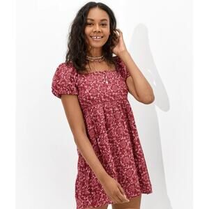 American Eagle Puff-Sleeve Babydoll Mini Dress in Marron Floral, Women's Small